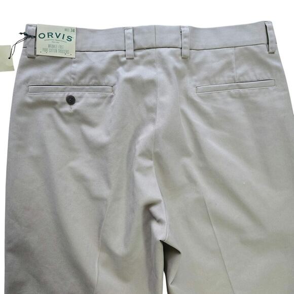 NWT Orvis Mens Wrinkle Free Pure Cotton Trousers Size 34 Khaki Flat Front Chinos - Picture 4 of 10